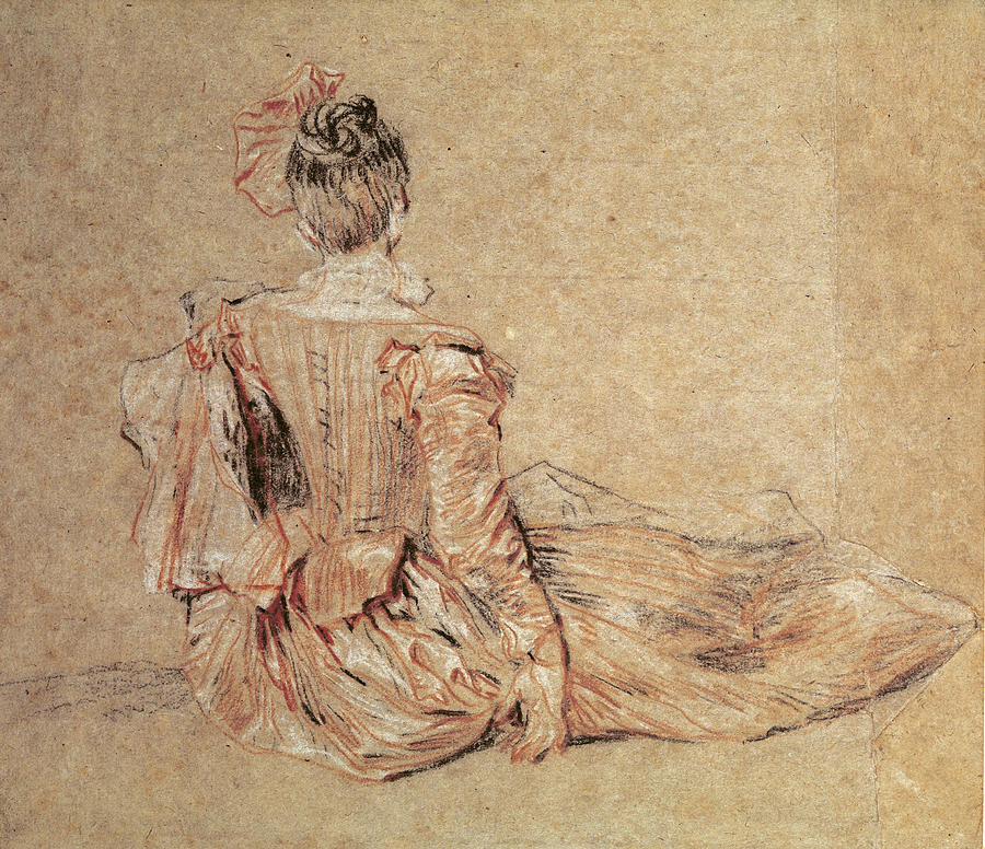 Costume Photograph - Study Of A Woman Seen From The Back, 1716-18 Chalk On Paper by Jean Antoine Watteau