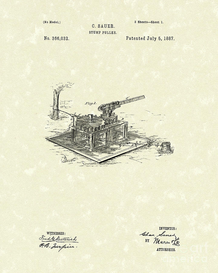 Sauer Drawing - Stump Puller 1887 Patent Art by Prior Art Design