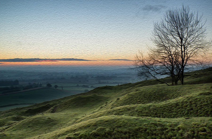 Stunning sunrise over fog layers in countryside landscape digital ...