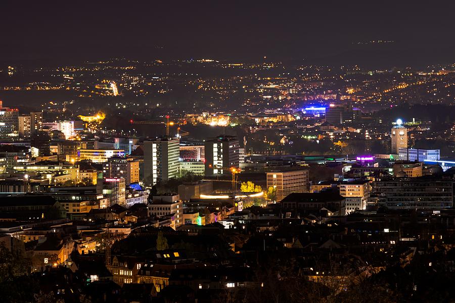 Stuttgart panorama at night with main station Photograph by Frank ...