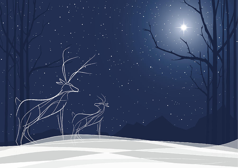 Stylized Reindeer family in the snow with North Star Drawing by Dirtydog_Creative