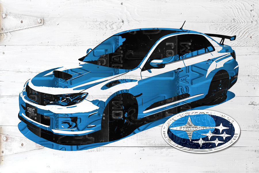 Barn Mixed Media - Subaru Impreza WRX Recycled License Plate Art on White Barn Door by Design Turnpike