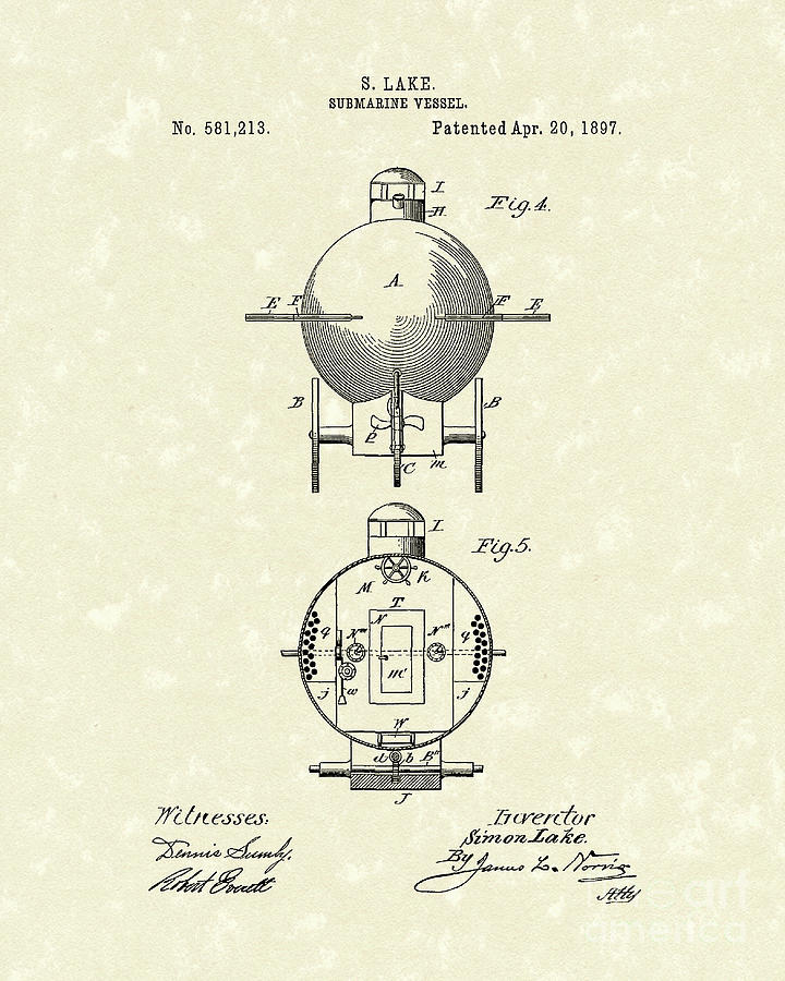 Submarine 1897 Patent Art Drawing by Prior Art Design