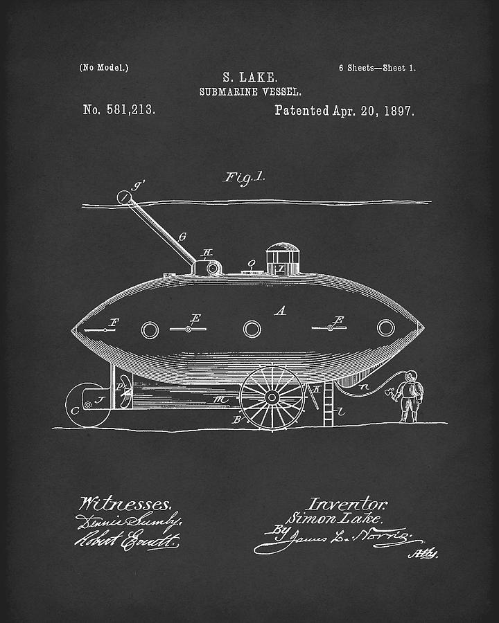 Submarine by Lake 1897 Patent Art Black Drawing by Prior Art Design