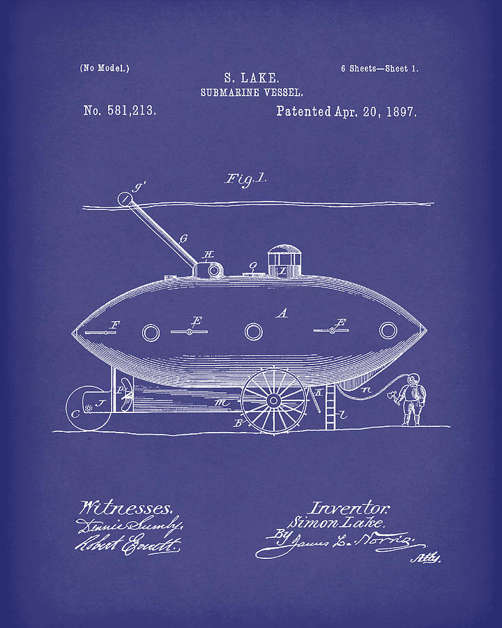 Submarine by Lake 1897 Patent Art Blue Drawing by Prior Art Design