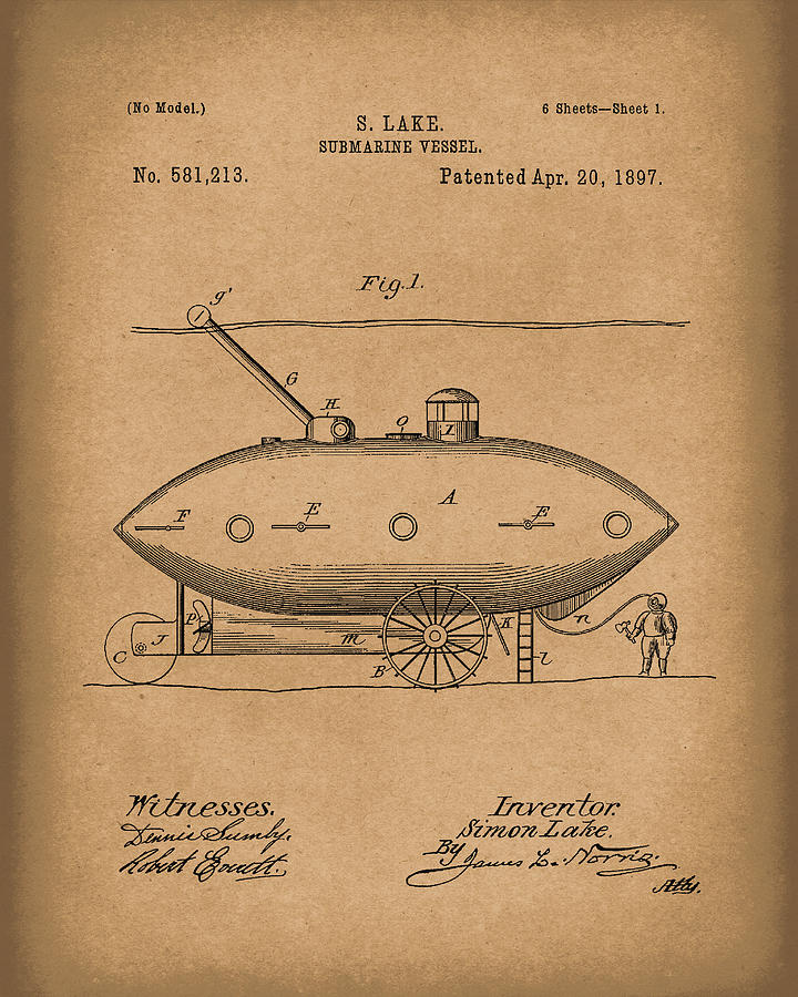 Submarine by Lake 1897 Patent Art Brown Drawing by Prior Art Design