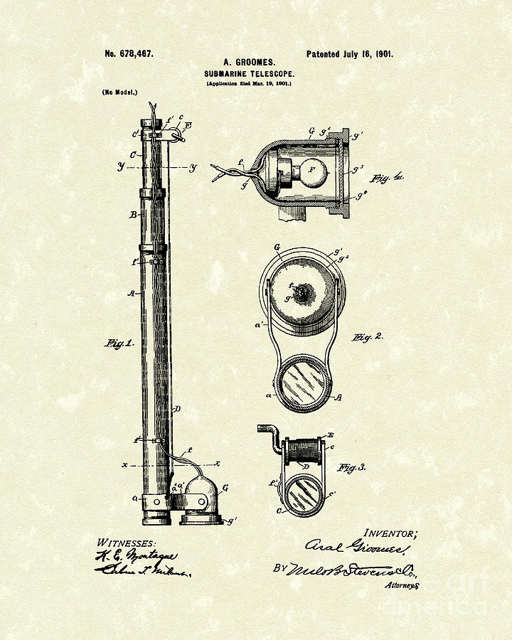 Submarine Telescope 1901 Patent Art Drawing by Prior Art Design