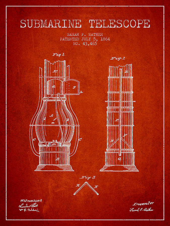 Space Digital Art - Submarine Telescope patent from 1864 - Red by Aged Pixel