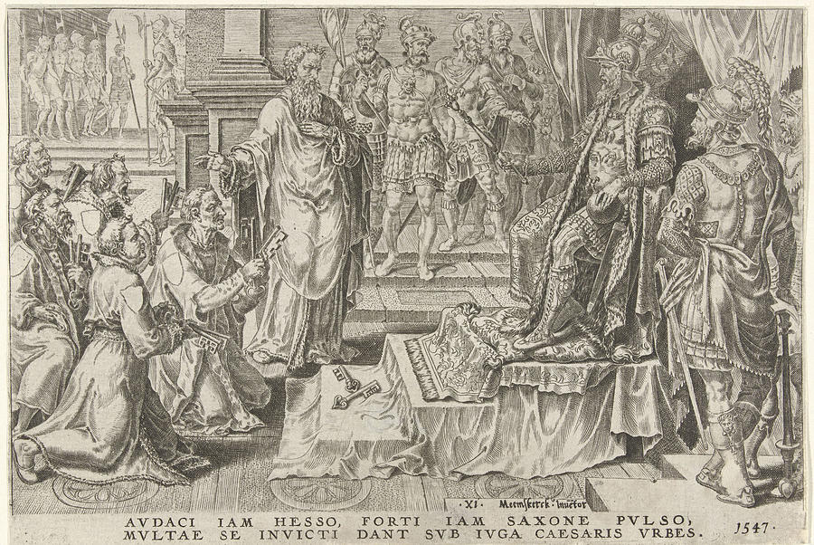 Battle Drawing - Submission Of Six German Cities, 1547, Print Maker Dirck by Dirck Volckertsz Coornhert And Maarten Van Heemskerck Battle Drawing - Submission Of Six German Cities, 1547, Print Maker Dirck by Dirck Volckertsz Coornhert And Maarten Van Heemskerck