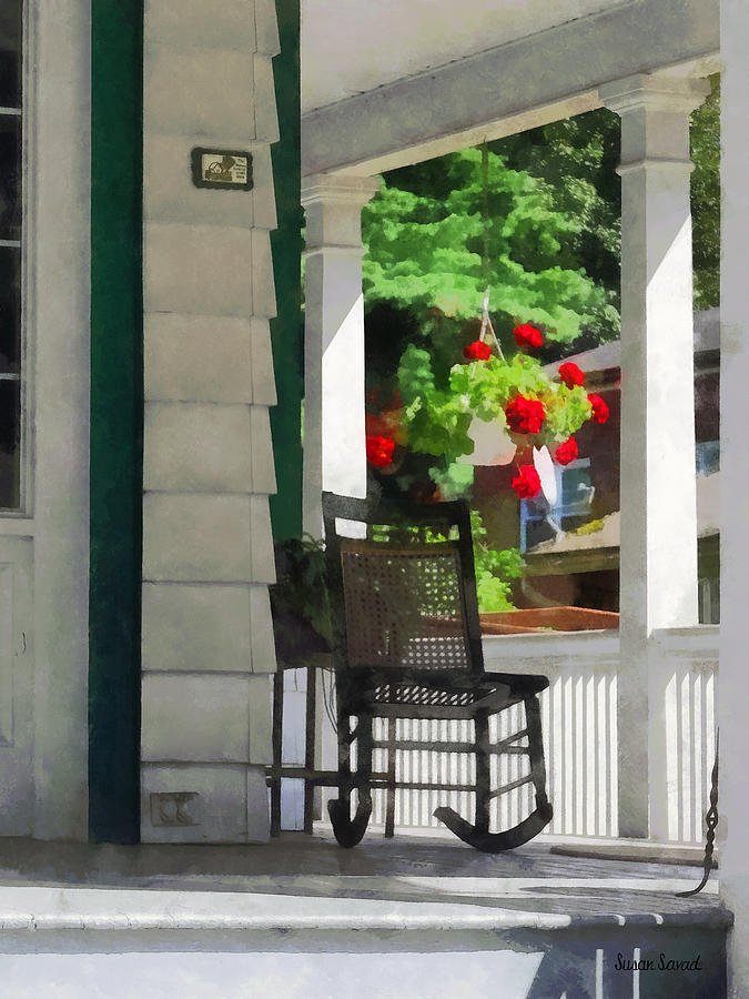 Suburbs - Porch With Rocking Chair and Geraniums Photograph by Susan Savad