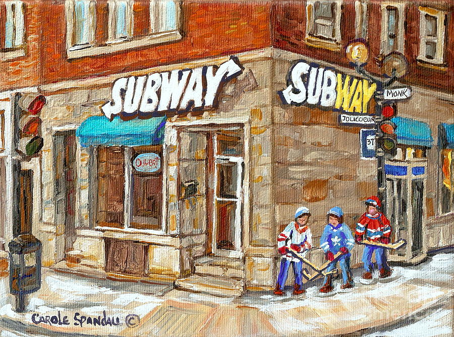 Subway Restaurant Painting - Subway Restaurant Monk Avenue Verdun Montreal Art Winter Hockey Scenes Paintings Carole Spandau by Carole Spandau