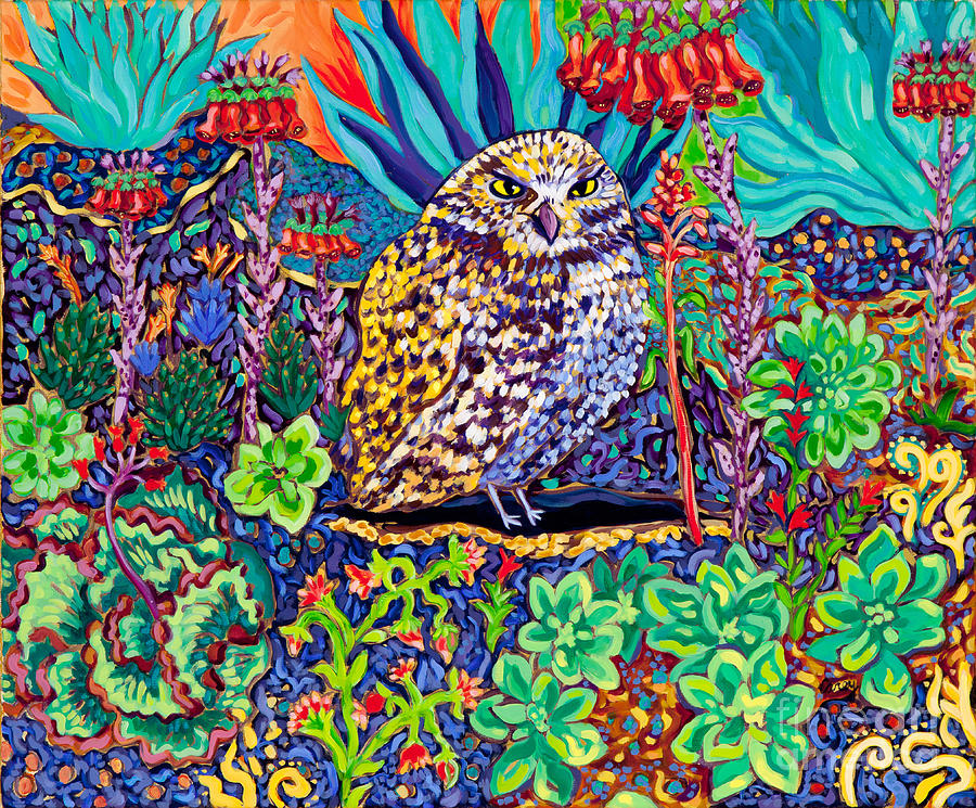 Succulent Burrowing Owl Painting by Cathy Carey