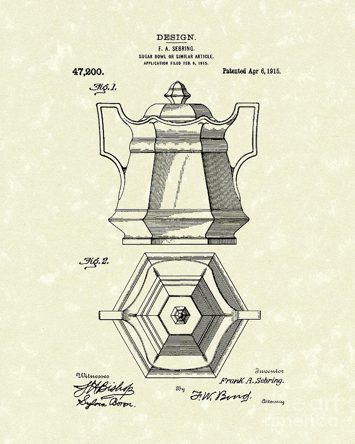 Sugar Bowl 1915 Patent Art Drawing by Prior Art Design