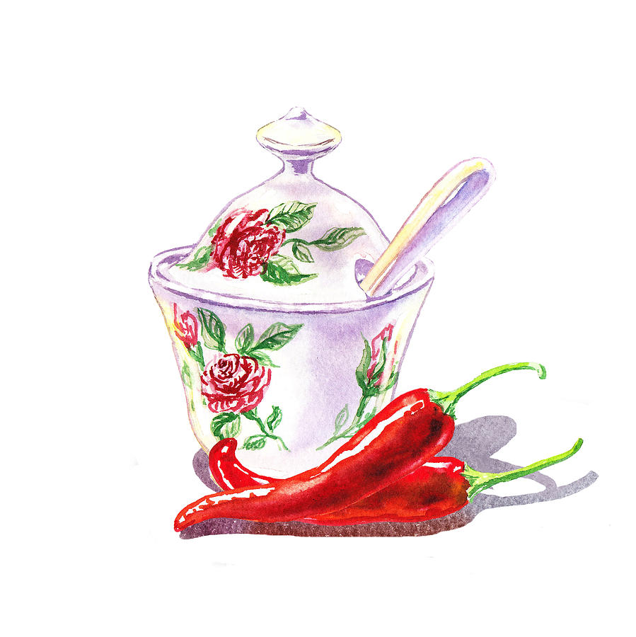 Sugar Bowl And Chili Peppers Painting by Irina Sztukowski