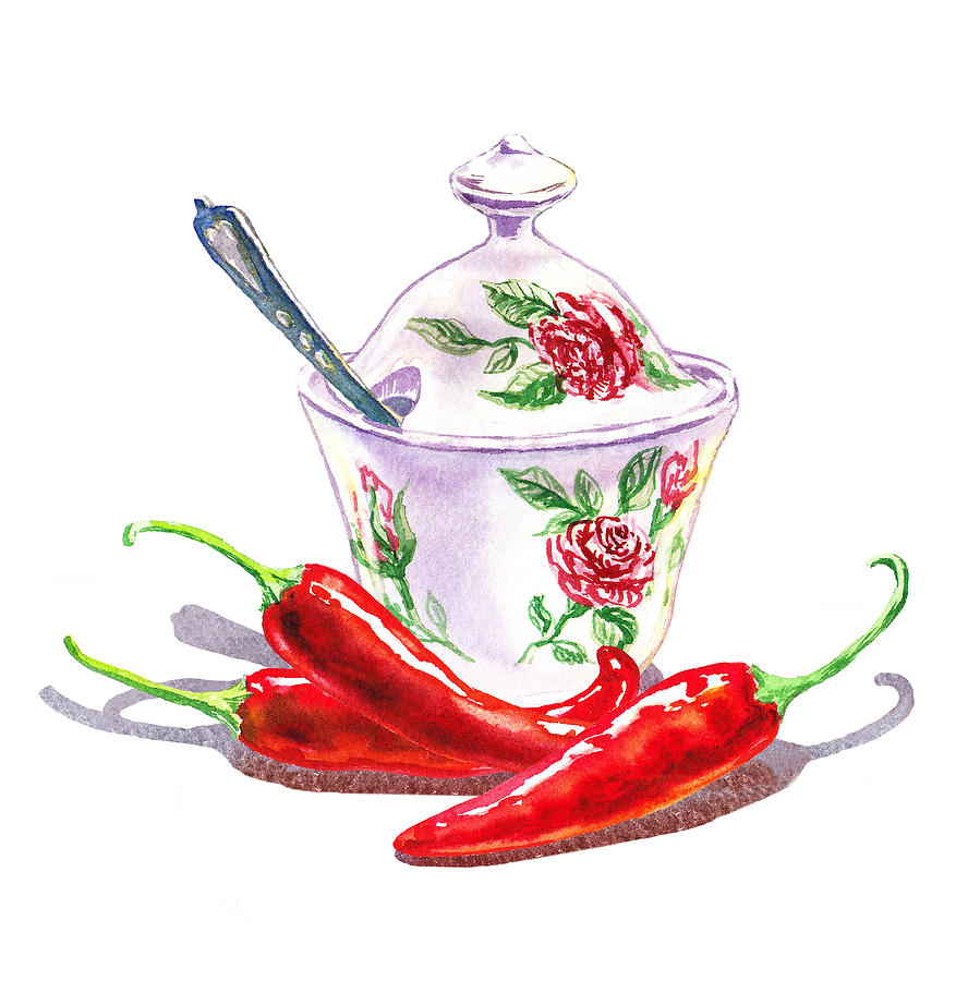 Sugar Bowl With Chili Peppers Painting by Irina Sztukowski