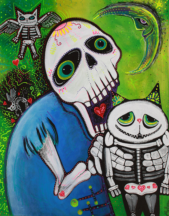 Skeleton Painting - Sugar Cat Guardians by Laura Barbosa