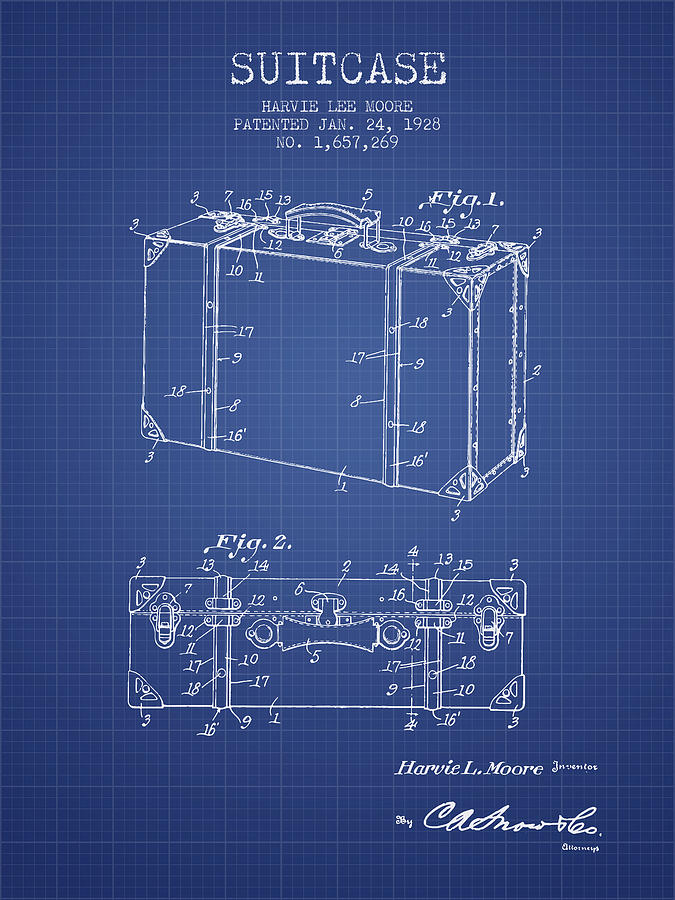 Suitcase patent from 1928 Blueprint Digital Art by Aged Pixel Pixels
