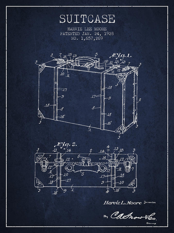 Suitcase Digital Art - Suitcase patent from 1928 - Navy Blue by Aged Pixel