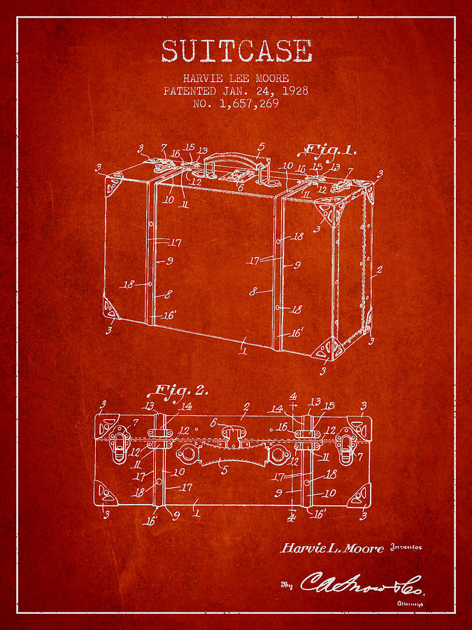Suitcase Patent From 1928 - Red Digital Art