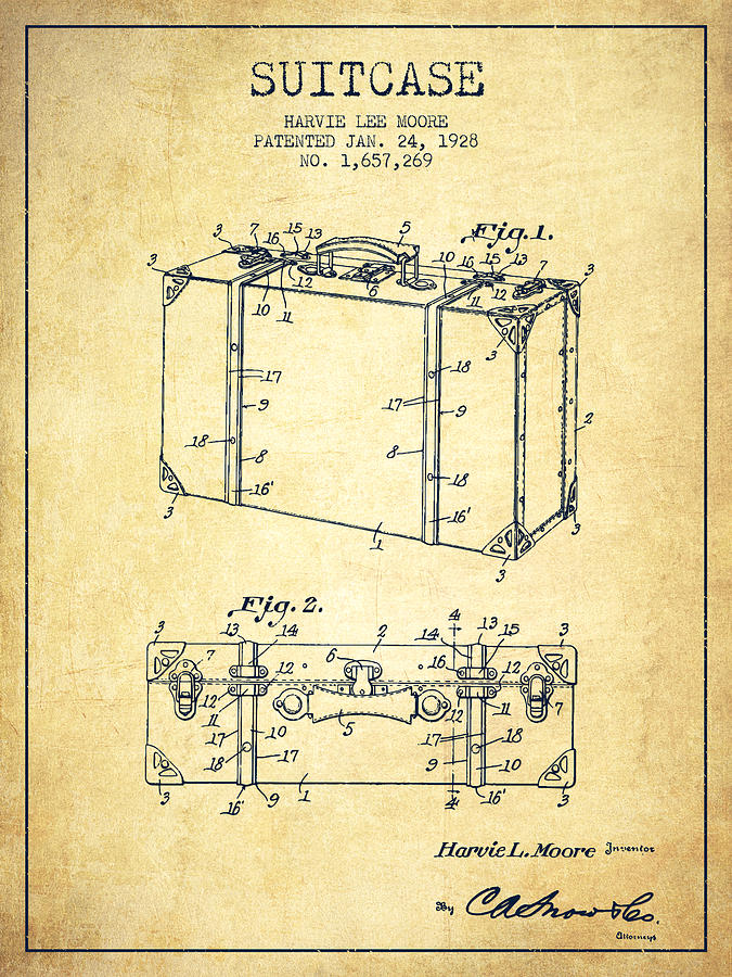 Suitcase Digital Art - Suitcase patent from 1928 - Vintage by Aged Pixel