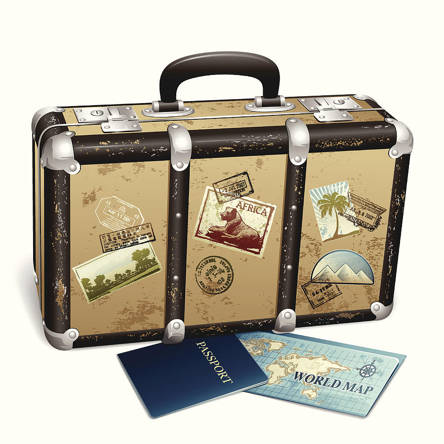 Suitcase with stamps and postcards next to passport and map Drawing by Edge69