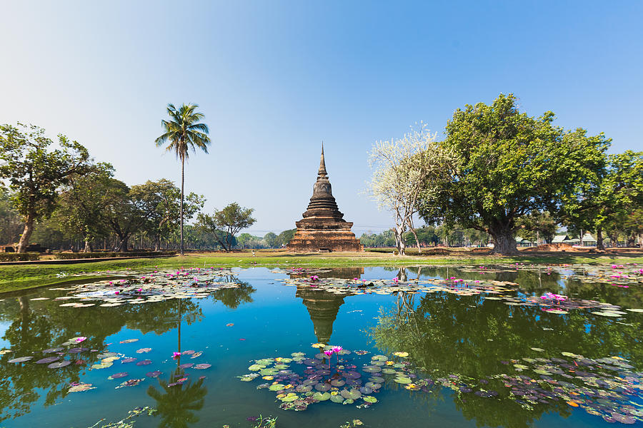 Sukhothai temple lake panorama Photograph by Deimagine