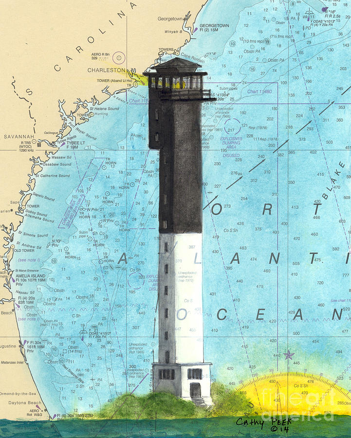 Sullivans Island Lighthouse Sc Nautical Chart Map Art Painting by Cathy