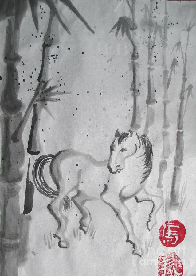 Sumi-e horse with Bamboo 2 Painting by Lynn Maverick Denzer