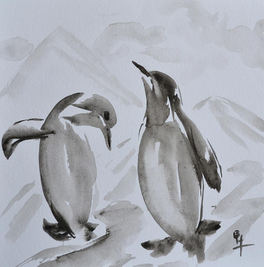 Sumi-e Penguin Dance Painting by Beverley Harper Tinsley