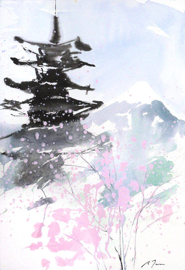 Nature Painting - sumie No.10 Pagoda and Mt.Fuji by Sumiyo Toribe