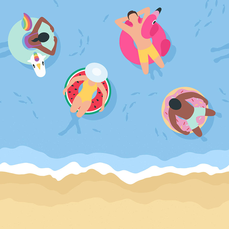 Summer Background with People Relaxing on Inflatables (Seamless Horizontally) Drawing by Jamielawton