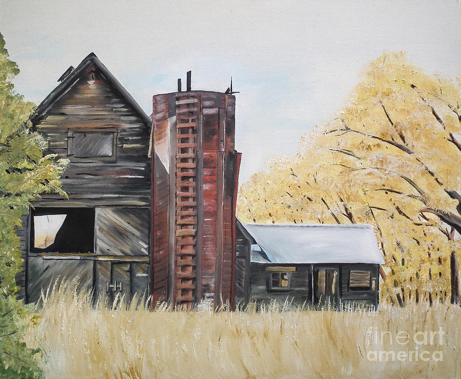 Golden Aged Barn -Washington - Red Silo  Painting by Jan Dappen