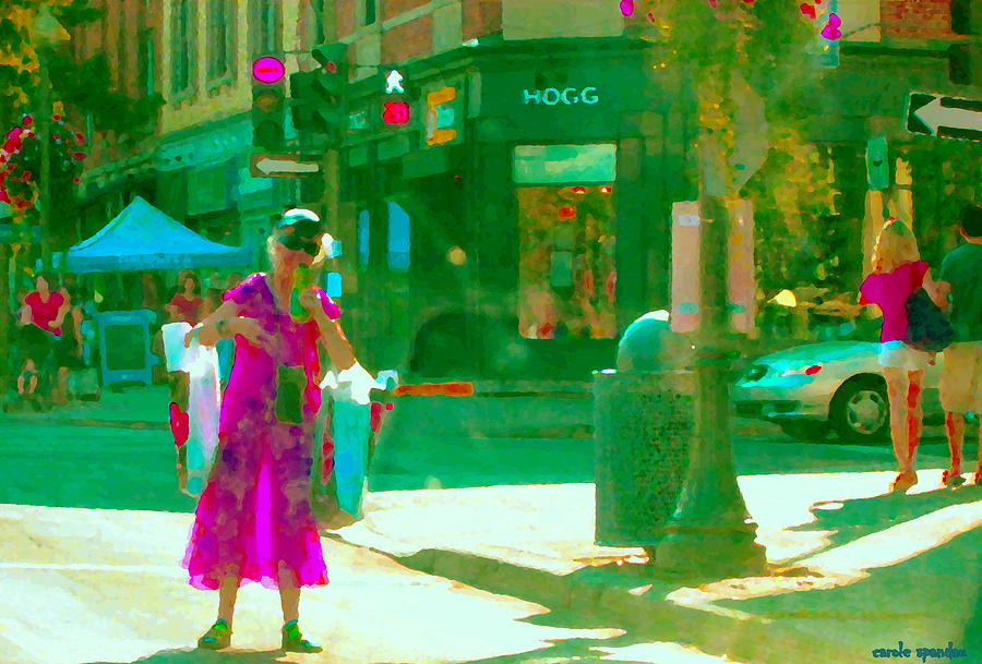 Montreal Painting - Summer Heatwave Too Hot To Walk Lady Hailing Taxi Cab At Hogg Hardware Rue Sherbrooke Carole Spandau by Carole Spandau