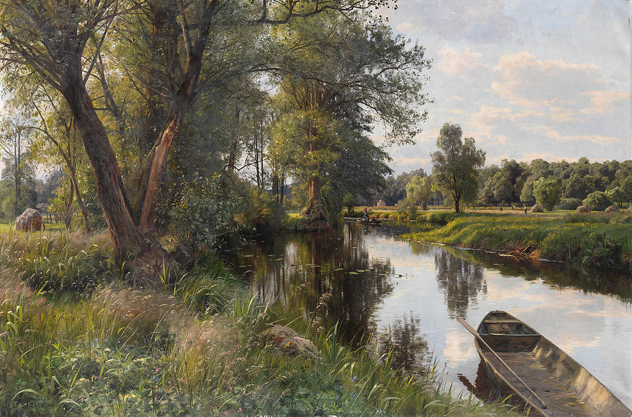 Summer landscape with river floodplain Painting by Peder Mork Monsted ...