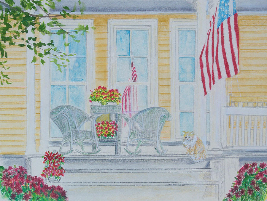 print Summer Porch and Flag for sale Painting by Diane Jorstad