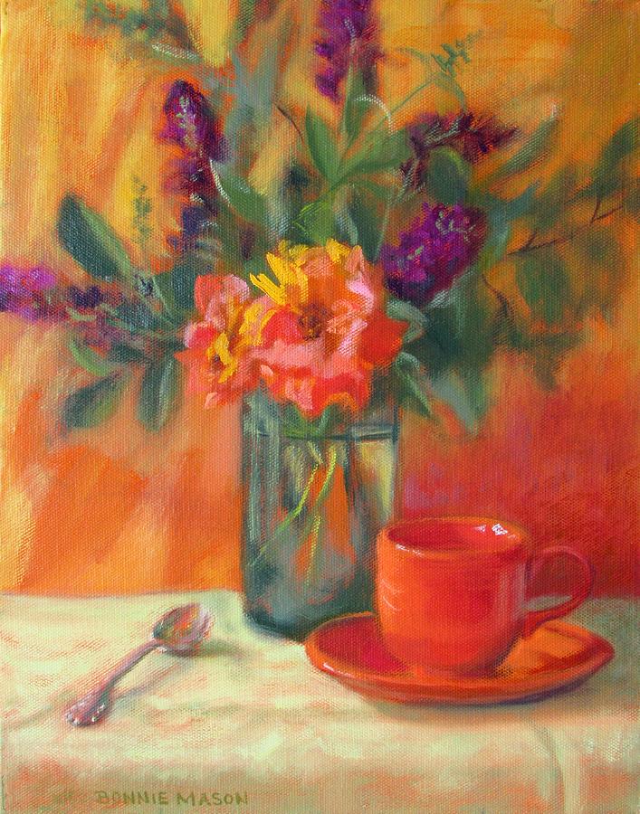Summer Painting - Summer Song- Orange Roses and Butterfly Bush Blooms by Bonnie Mason
