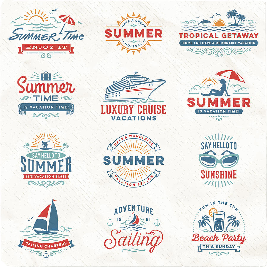 Summer Vacation, Surfing, Sailing, Beach Signs and Badges Drawing by Aleksandarvelasevic