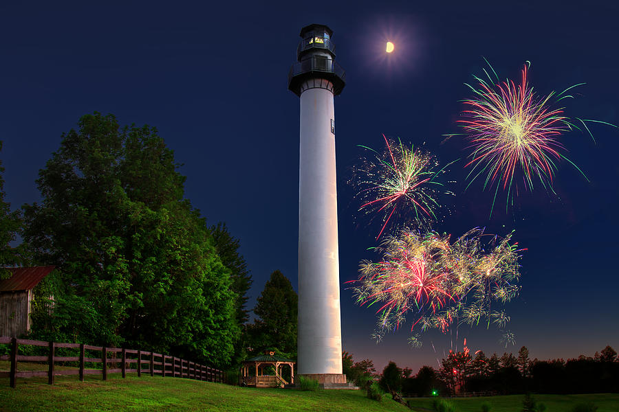 Summersville Lake Lighthouse Fireworks Photograph by Mary Almond