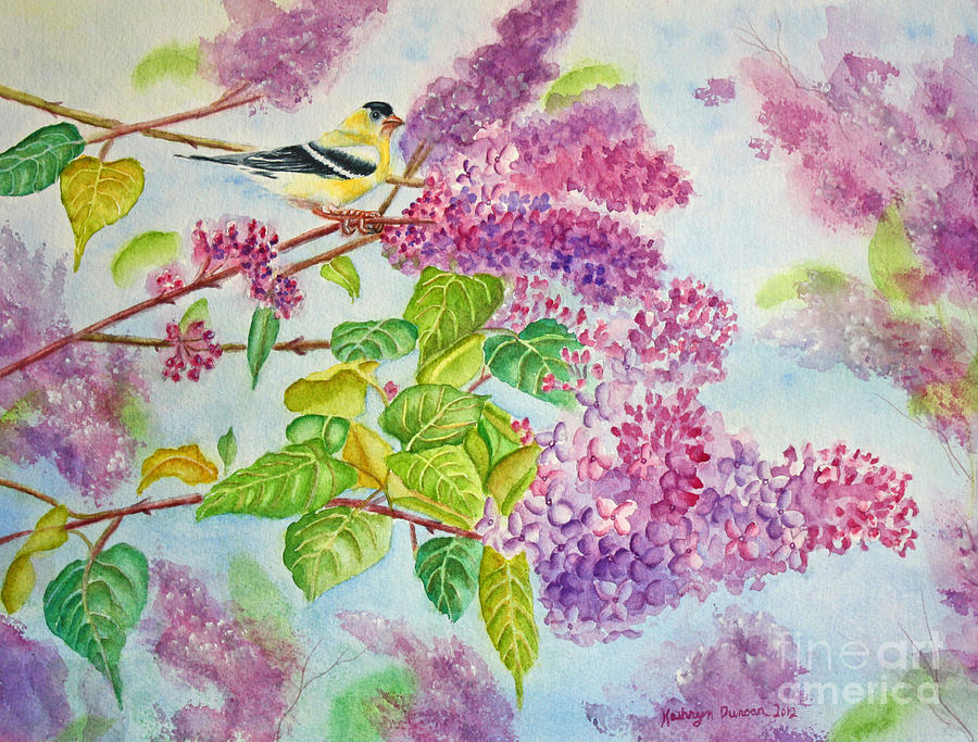 Summertime Arrival II - Goldfinch and Lilacs Painting by Kathryn Duncan