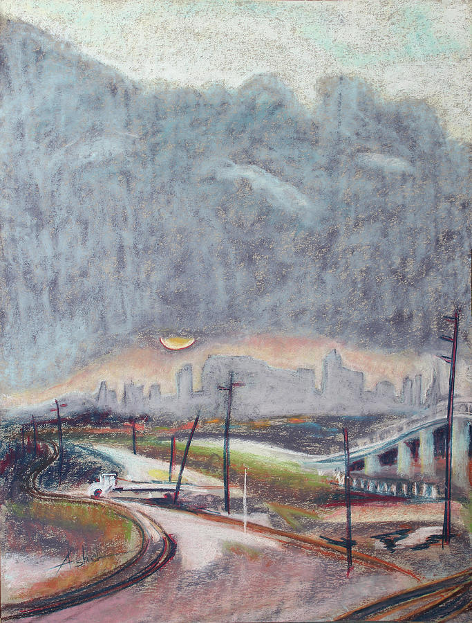 Sun and Clouds over San Francisco with West Oakland Overpass and Tracks Pastel by Asha Carolyn Young