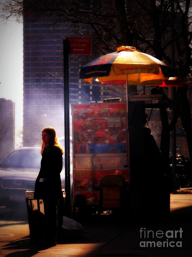 Sun and Shadow - Girl with Food Cart - New York City Street Scene Photograph by Miriam Danar