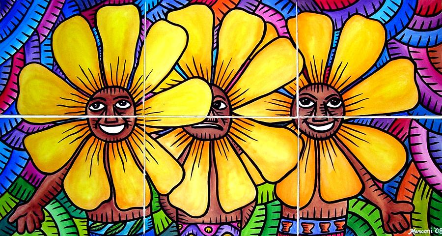 Sun Flowers and Friends 2008 Painting by Marconi Calindas