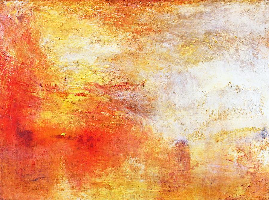 Sun Setting Over A Lake Painting by William Turner