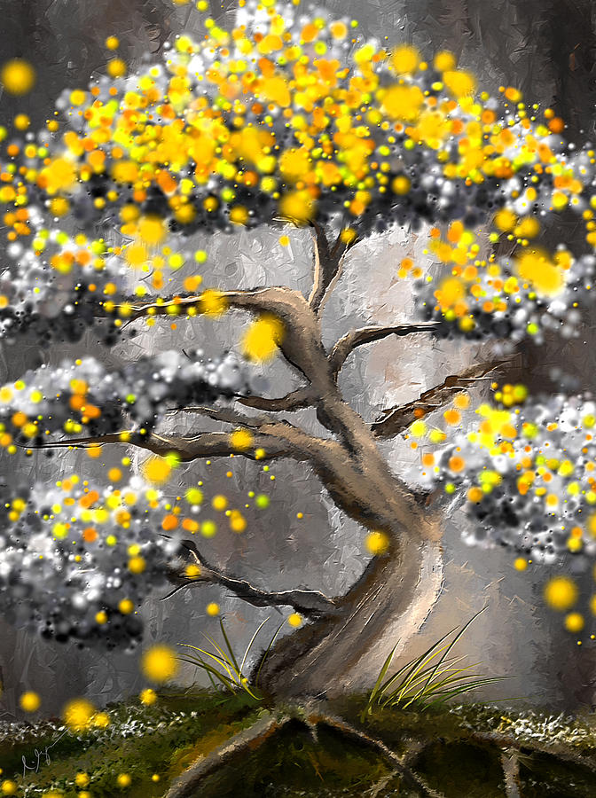 Yellow Painting - Sun Showers - Yellow And Gray Art by Lourry Legarde
