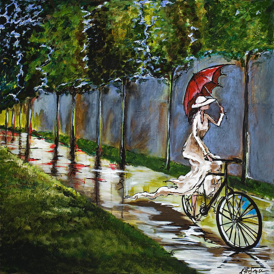 Sunday Afternoon With Red Umbrella Painting