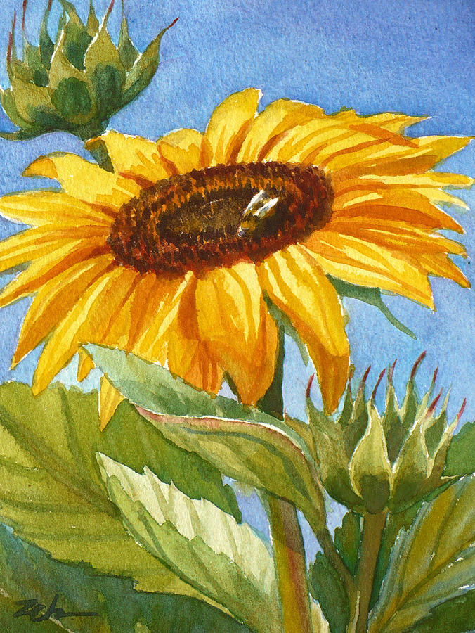 Sunflower and Honey Bee Painting by Janet Zeh