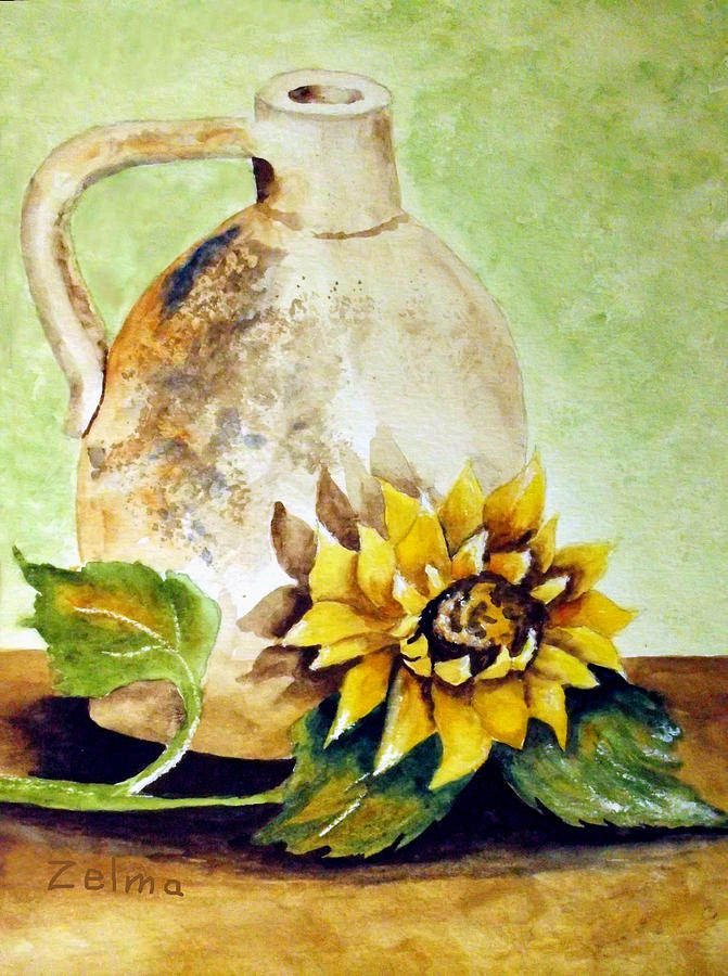 Sunflower Painting - Sunflower and Old Jug by Zelma Hensel