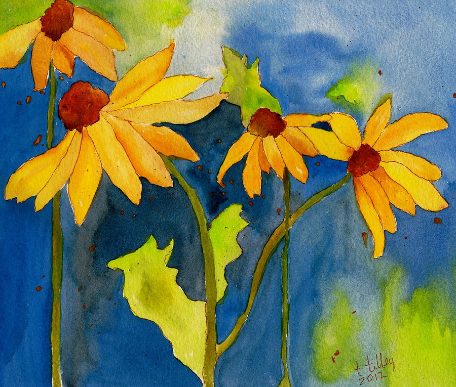Sunflower Blue Watercolor Painting by Teresa Tilley