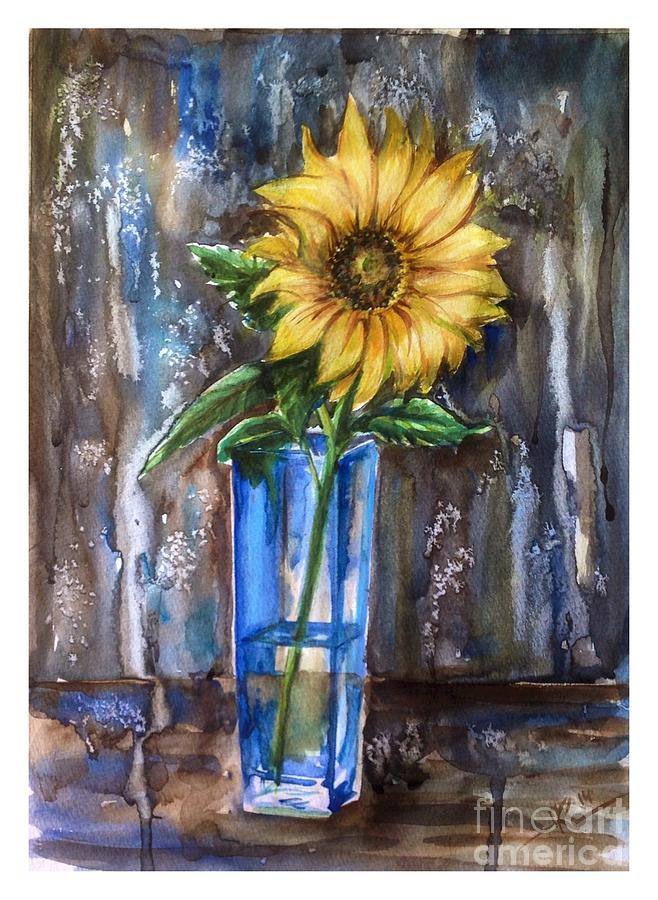 Sunflower in a blue vase Painting by Katerina Kovatcheva