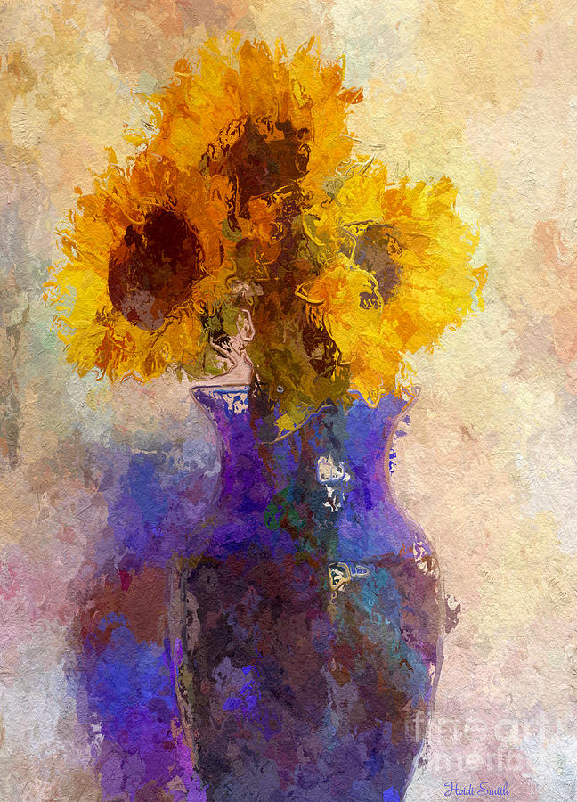 Sunflower Trio In Blue Vase Photograph by Heidi Smith